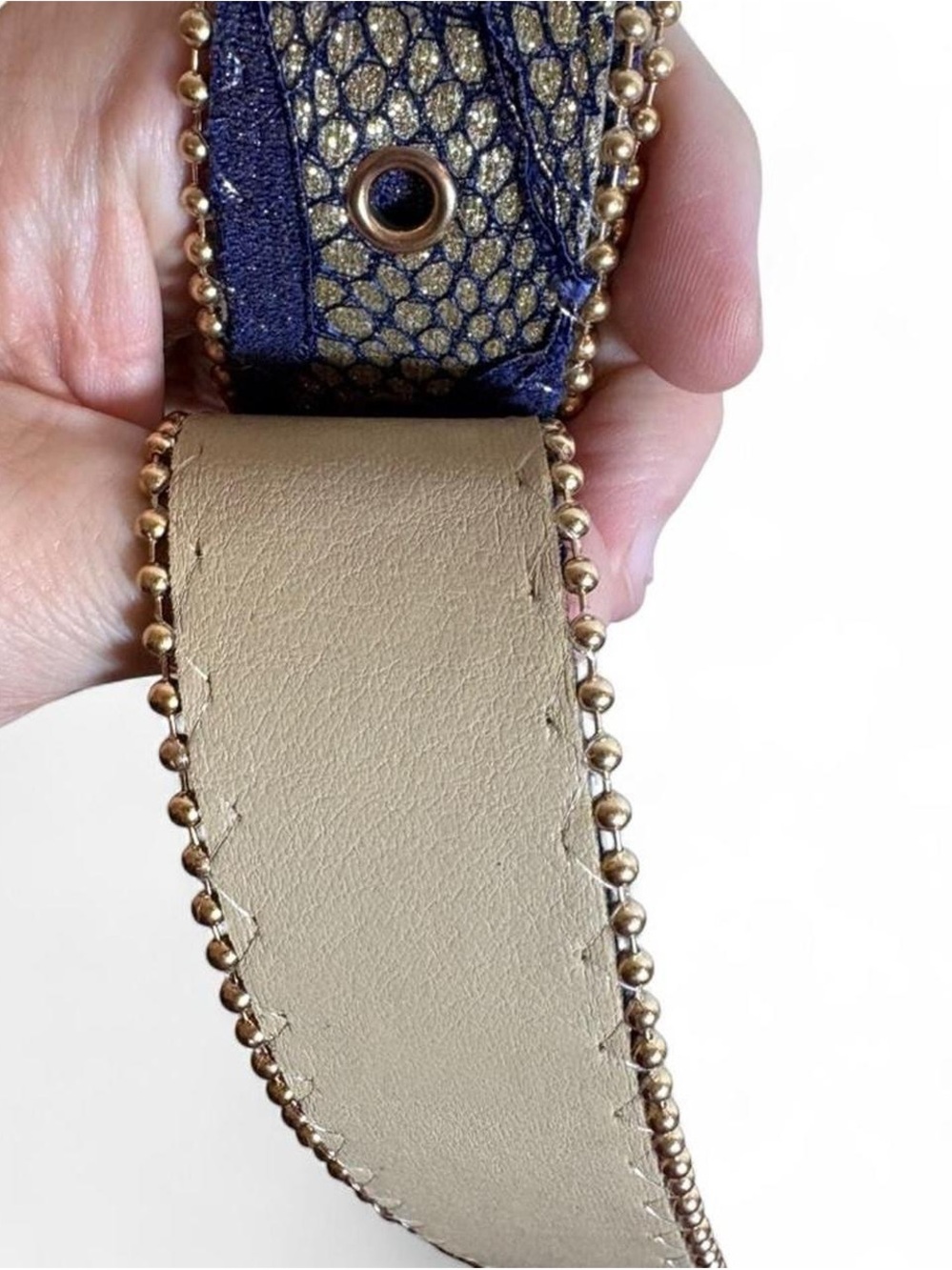 Vintage Ornate Gold Beaded & Lace-Covered Leather Belt - Picture 7 of 8